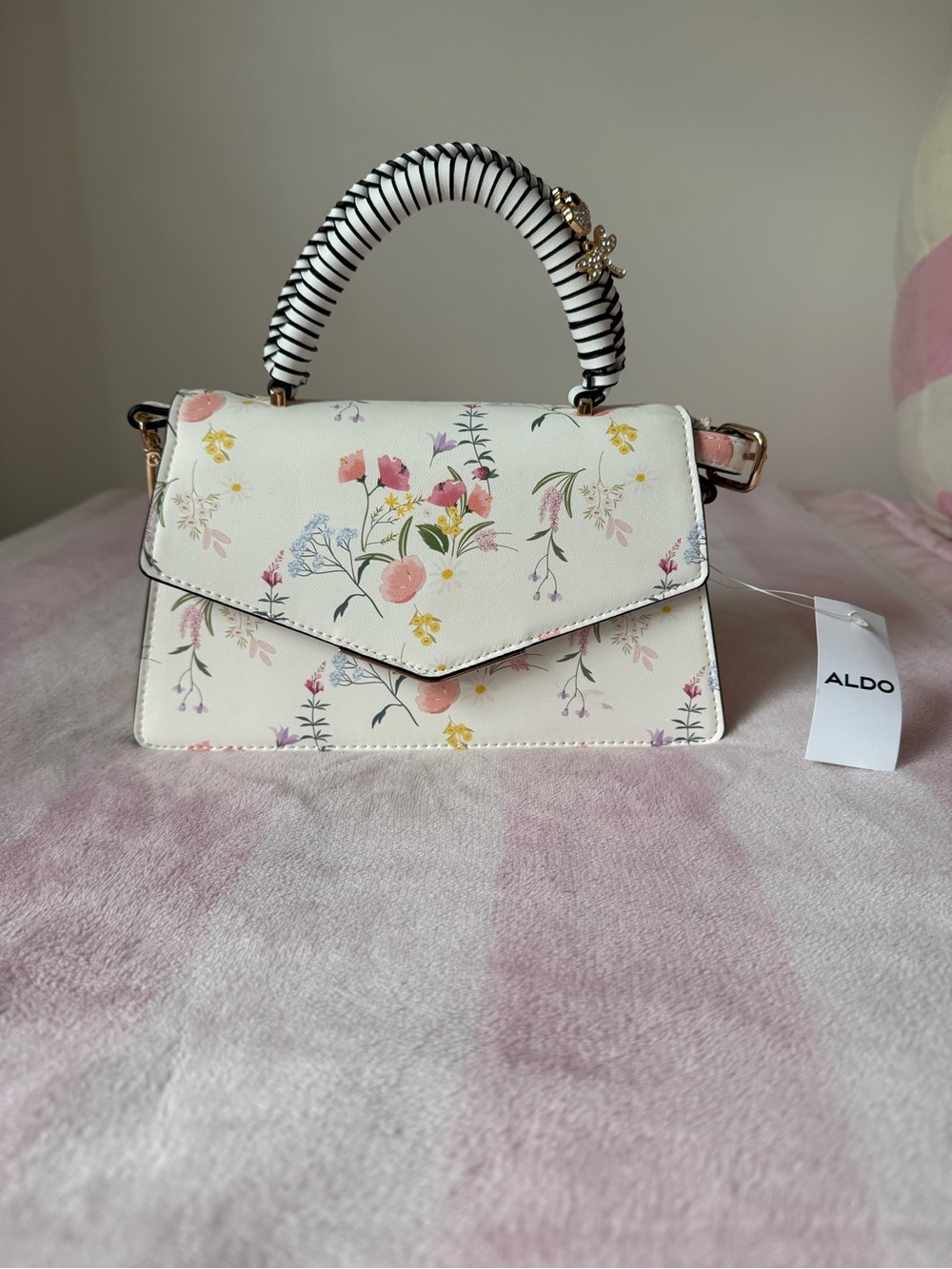 Aldo White Floral Top-Handle Shoulder Bag with Black-Trim Handle